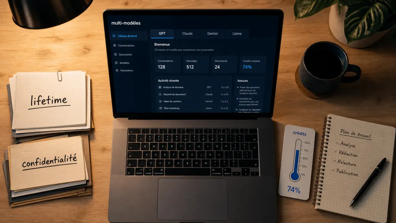1minai avis : offre lifetime, crédits et confidentialité (vue tableau de bord multi-modèles)