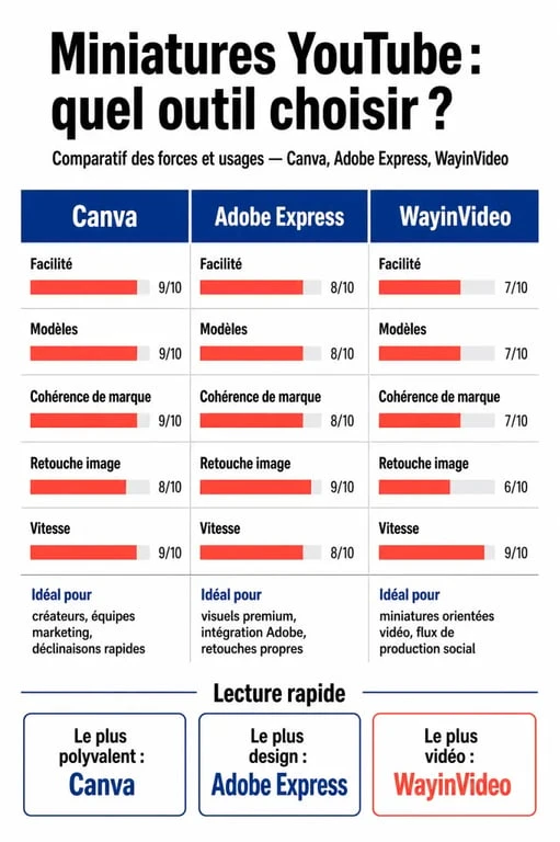Comparatif des outils de création de miniature YouTube IA : Canva, Adobe Express et WayinVideo