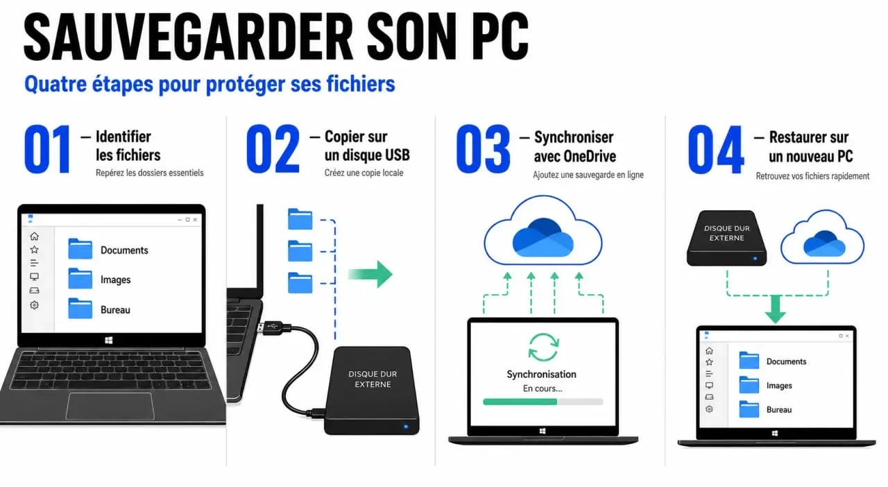 Illustration de faire une sauvegarde de son PC avec ordinateur, disque externe et cloud