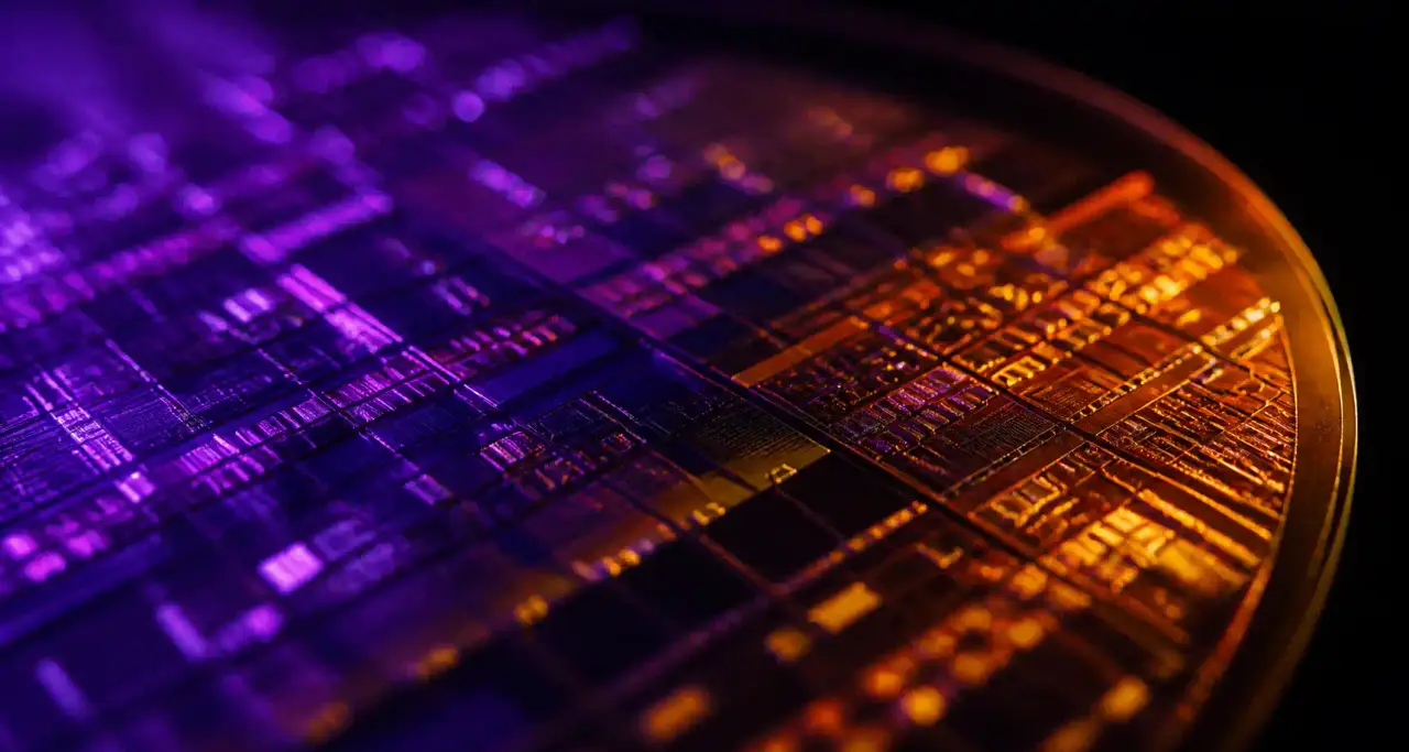 Gros plan sur un wafer de silicium et ses circuits imprimés baignés d'une lumière violette et ambrée sur fond sombre