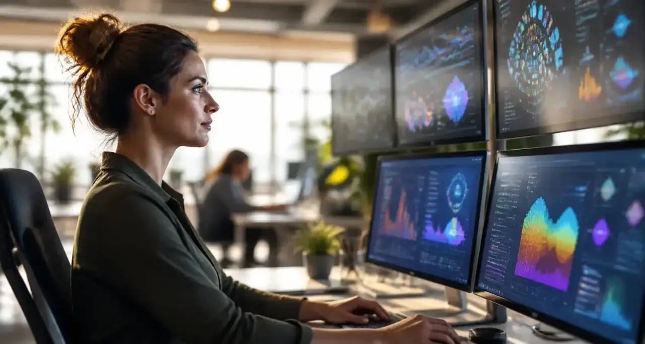 Professionnelle analysant des tableaux de bord logiciels sur plusieurs écrans