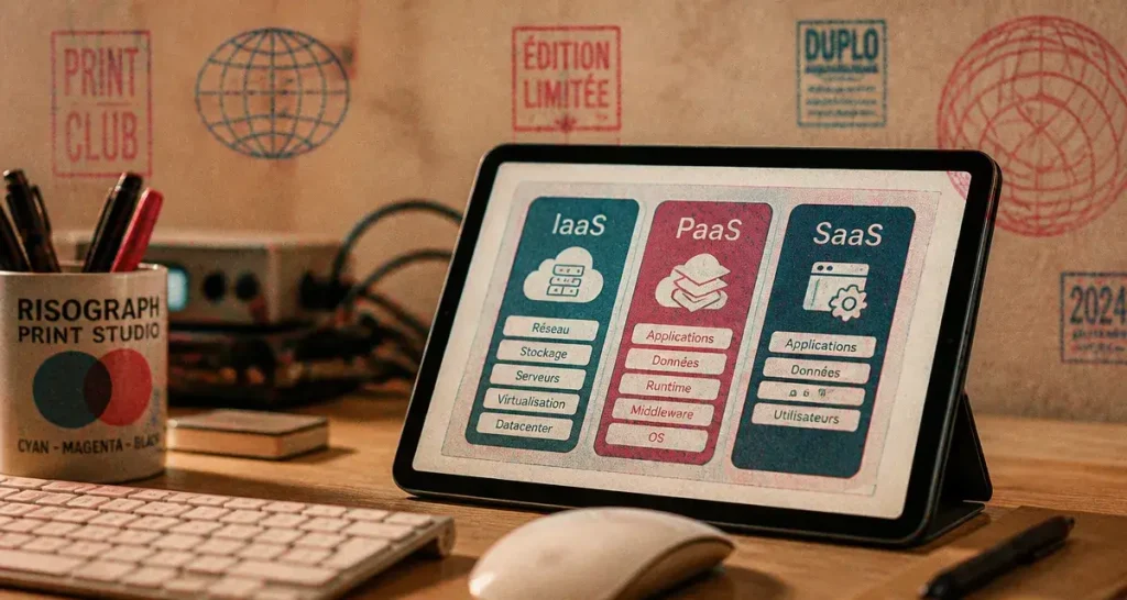 Cloud computing essentials unlock benefits : IaaS PaaS SaaS, schéma sur tablette au bureau