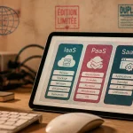 Cloud computing essentials unlock benefits : IaaS PaaS SaaS, schéma sur tablette au bureau