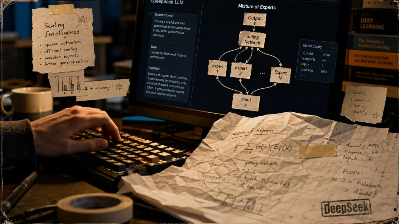 DeepSeek chinois ia : interface IA sombre et schéma mixture of experts