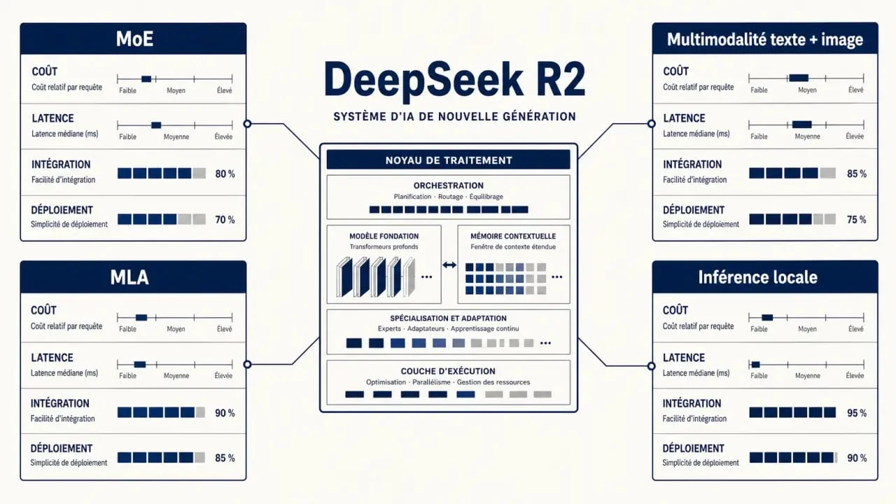 Schéma visuel de deepseek r2 montrant MoE, MLA, multimodalité et inférence locale