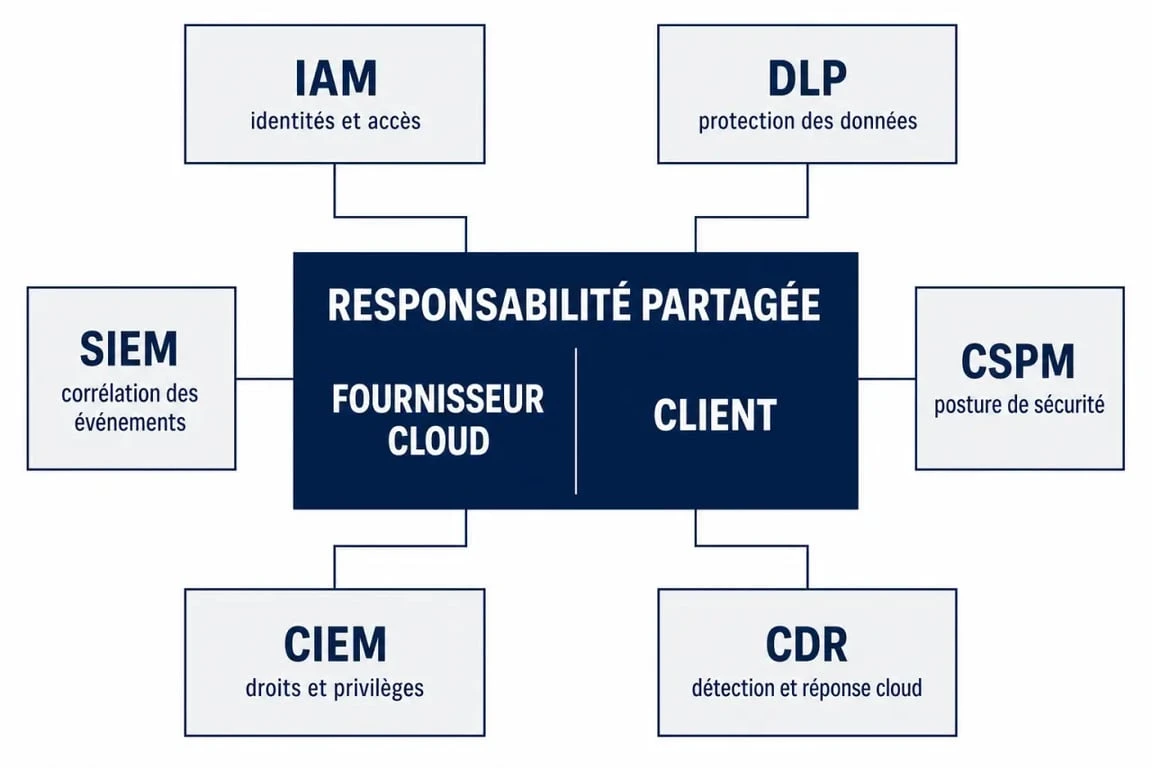 Schéma de security in cloud computing montrant la responsabilité partagée et les contrôles IAM, DLP, SIEM, CSPM, CIEM et CDR