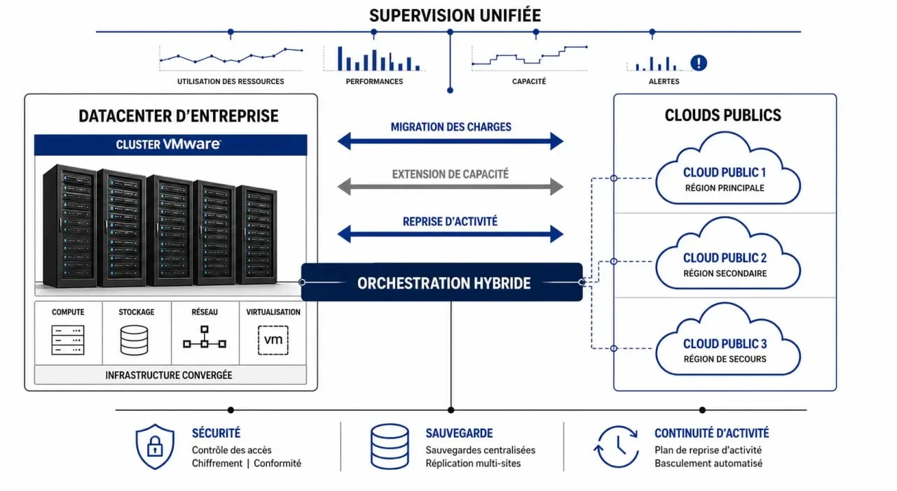 Schéma VMware cloud computing des flux hybrides entre datacenter et cloud public