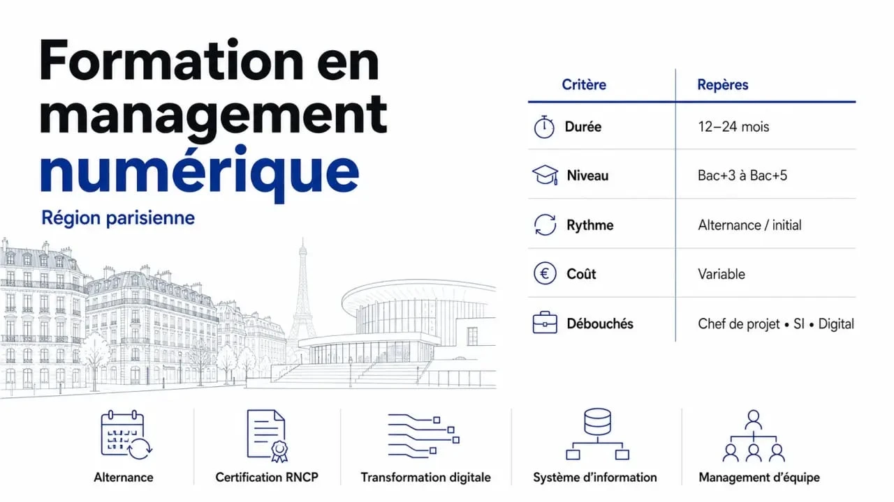 Formation management numérique région parisienne : illustration éditoriale comparant niveau, durée, rythme, coût et débouchés
