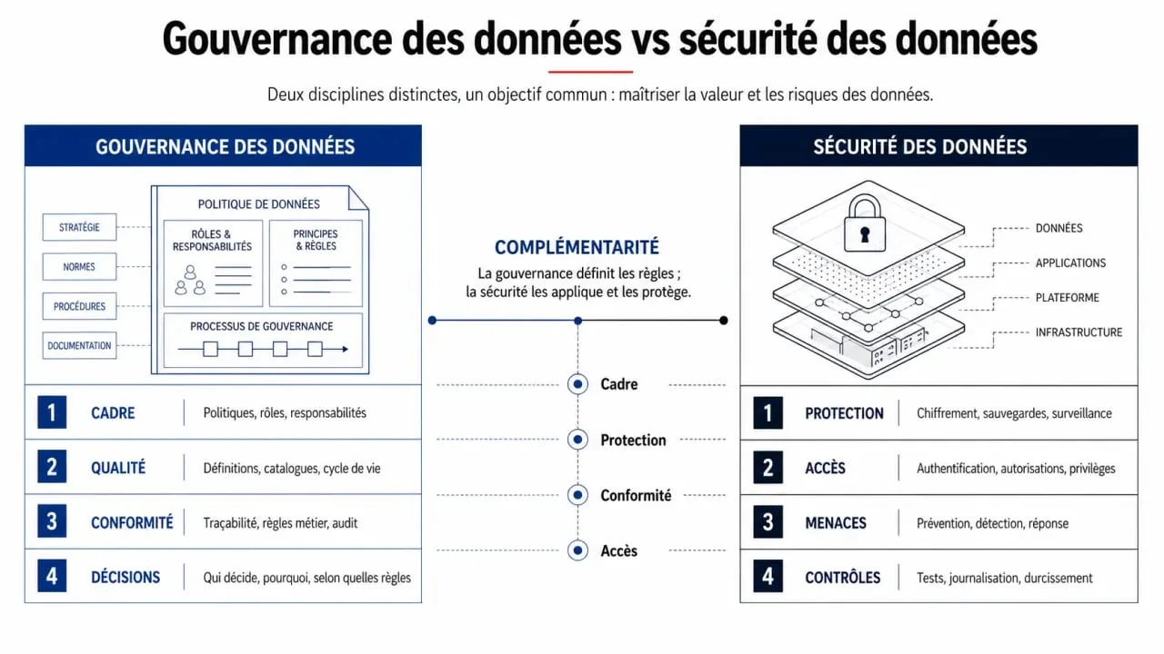 Gouvernance des données vs sécurité des données : schéma comparatif des rôles, objectifs et contrôles