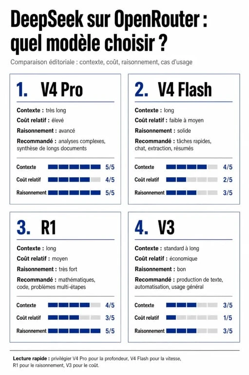 Comparatif openrouter deepseek des modèles V4 Pro, V4 Flash, R1 et V3 avec prix, contexte et cas d’usage