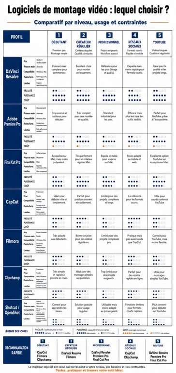 Comparatif logiciel montage video : infographie des meilleurs logiciels selon niveau, budget et usage