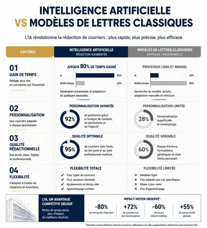 Infographie comparant les avantages de l'intelligence artificielle pour la rédaction de courrier par rapport aux modèles classiques