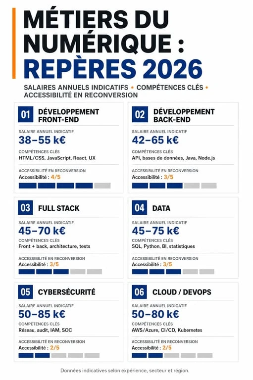 Panorama comparatif des métiers tech avec salaires, compétences et débouchés