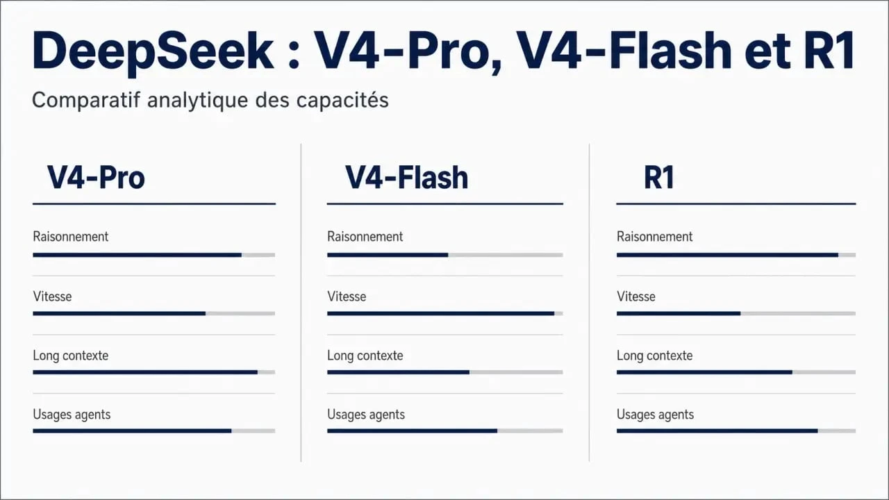 DeepSeek V4 comparatif visuel entre V4-Pro, V4-Flash et R1