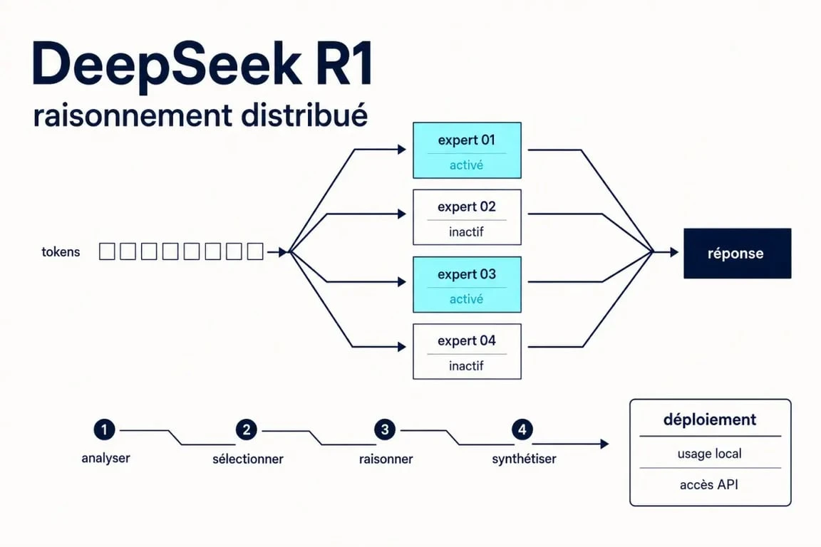 DeepSeek R1 illustré par un schéma éditorial du raisonnement IA et de l’activation partielle des experts
