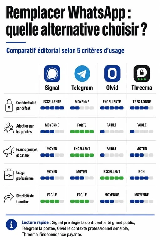 Infographie pour remplacer whatsapp : Signal, Telegram, Olvid et Threema comparés selon la confidentialité, les grands groupes et l’usage professionnel