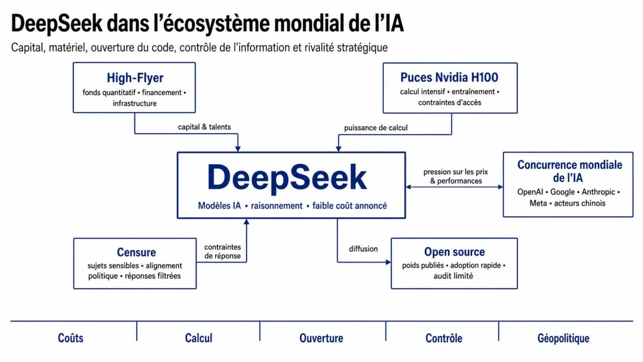 DeepSeek - au-delà de l'inconnu : schéma des liens entre open source, High-Flyer, Nvidia, censure et concurrence mondiale de l’IA
