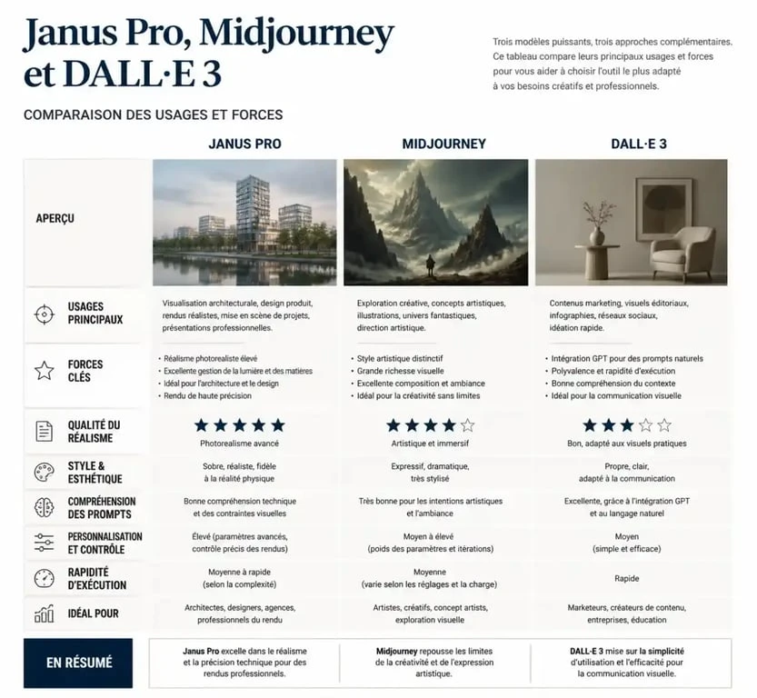 Comparatif des capacités de génération d'images entre Janus Pro, Midjourney et DALL-E 3