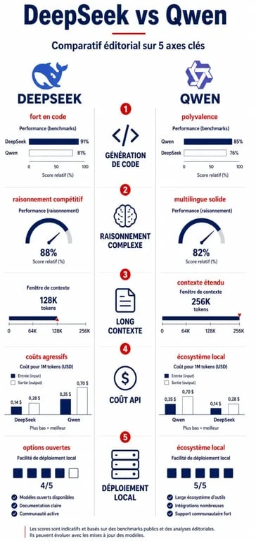 DeepSeek vs Qwen, infographie comparative des critères code, raisonnement, long contexte et coût API
