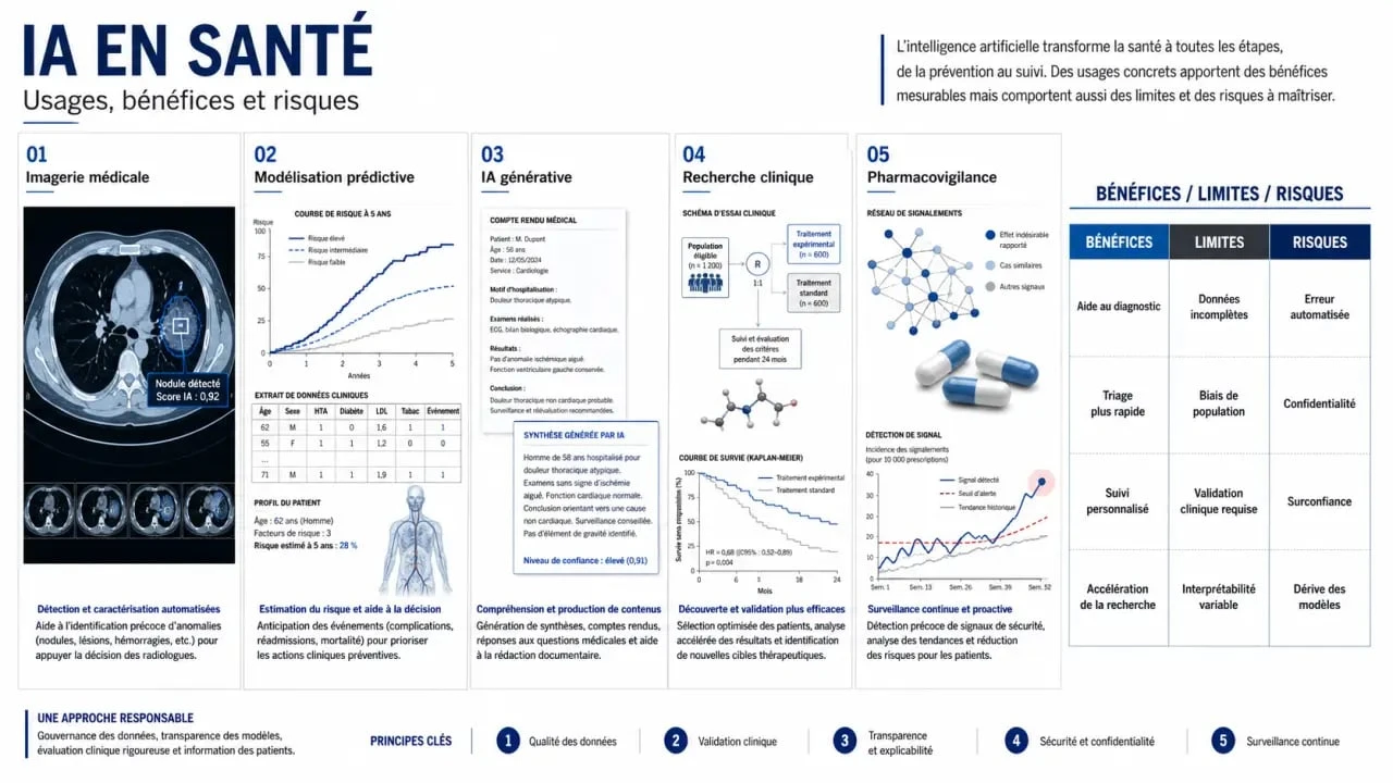 Intelligence artificielle santé : tableau visuel des usages, bénéfices et risques