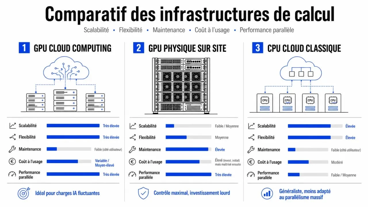GPU cloud computing comparatif visuel entre GPU cloud, GPU physique et CPU