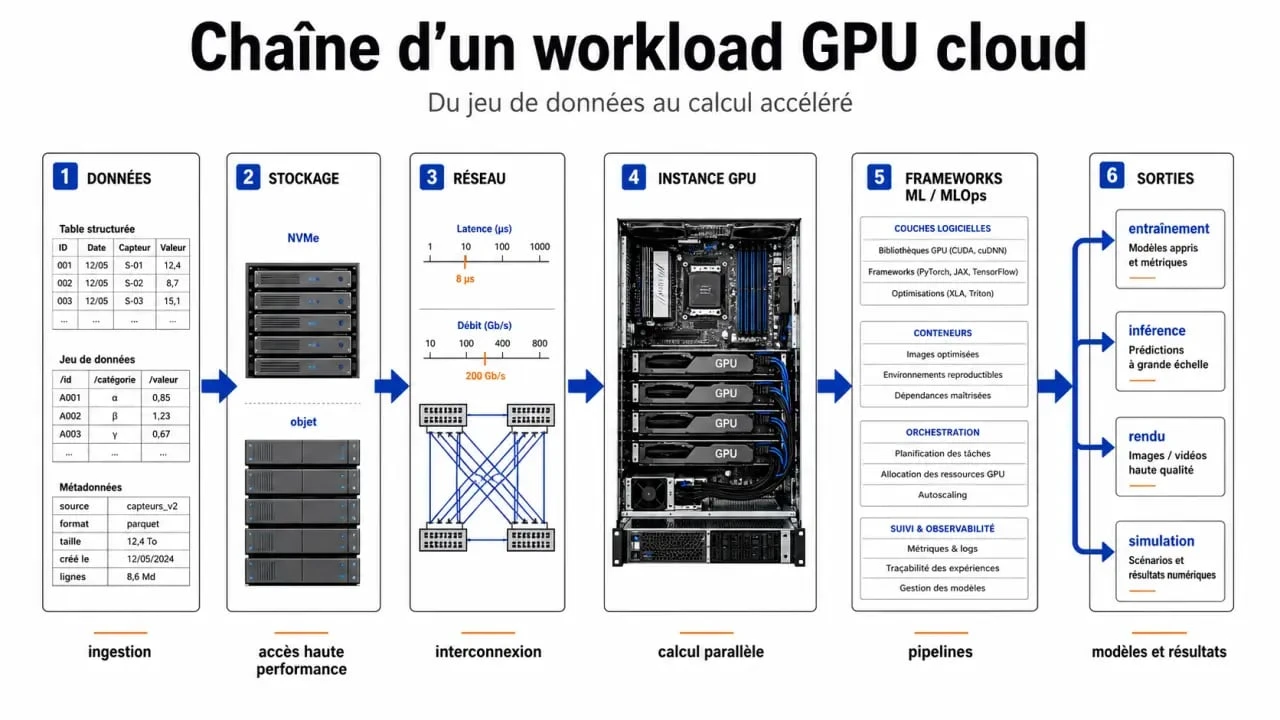GPU cloud computing schéma de l'architecture stockage réseau et instance GPU