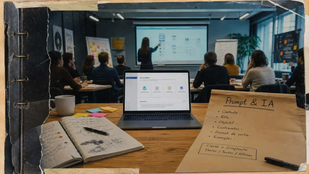 Formateur intelligence artificielle en salle de formation IA hybride, atelier prompt & IA