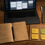 Outils de productivité pour gagner du temps : tableau Kanban et carnet sur bureau