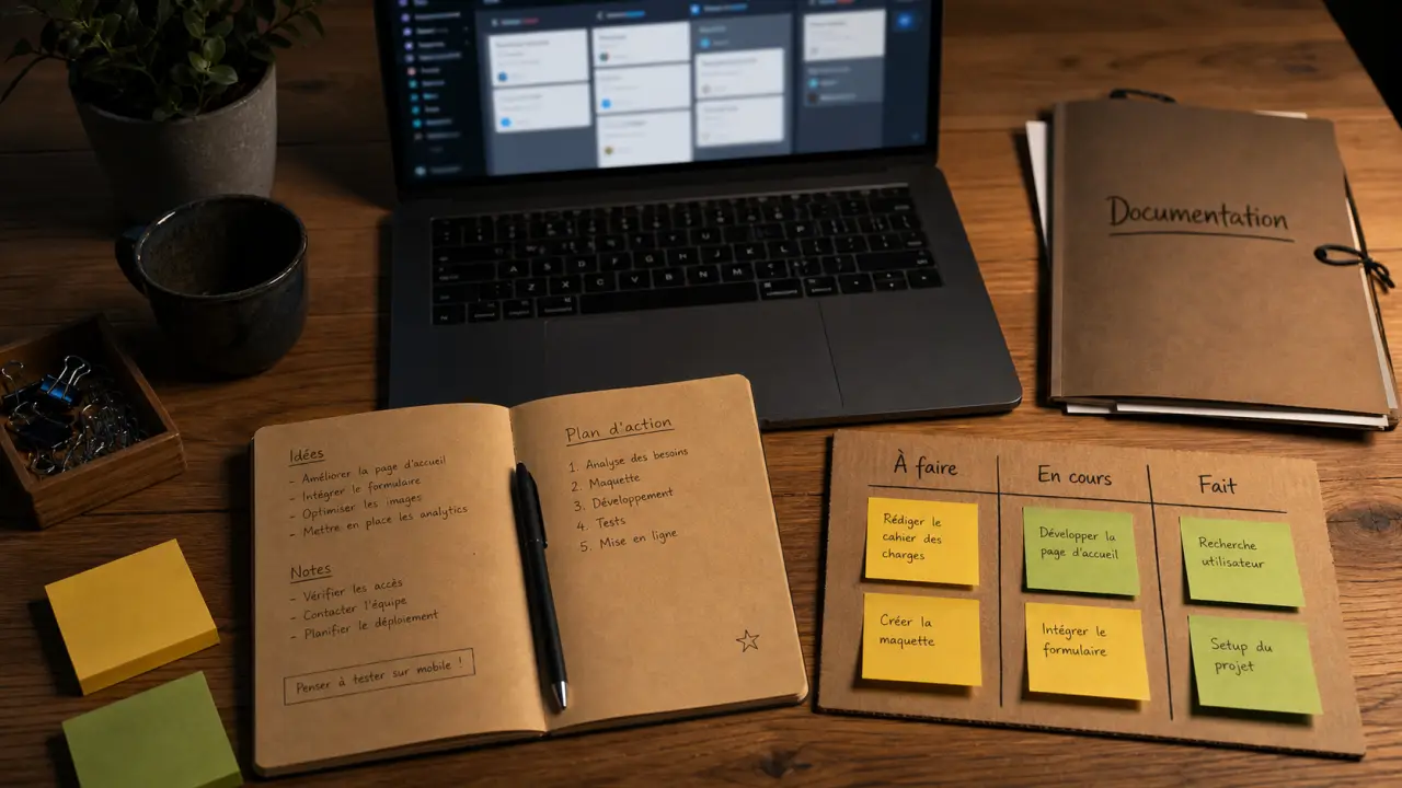 Outils de productivité pour gagner du temps : tableau Kanban et carnet sur bureau