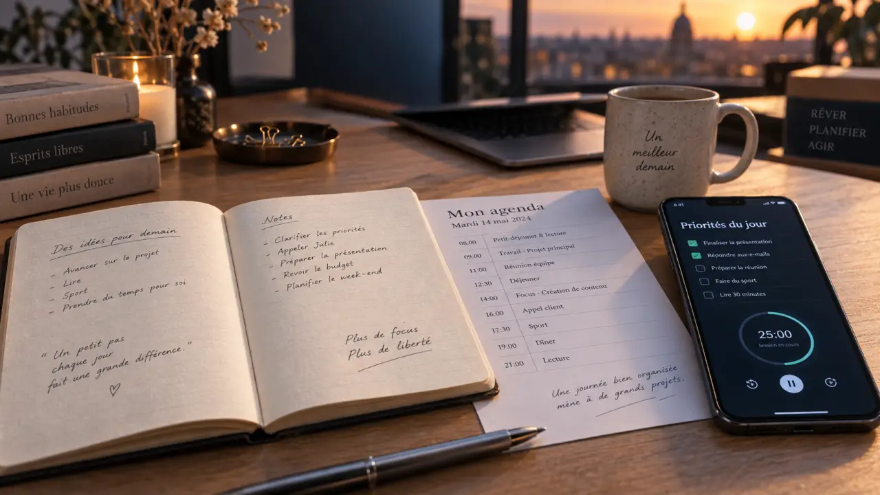 Application productivité : priorités du jour et chronomètre sur un bureau