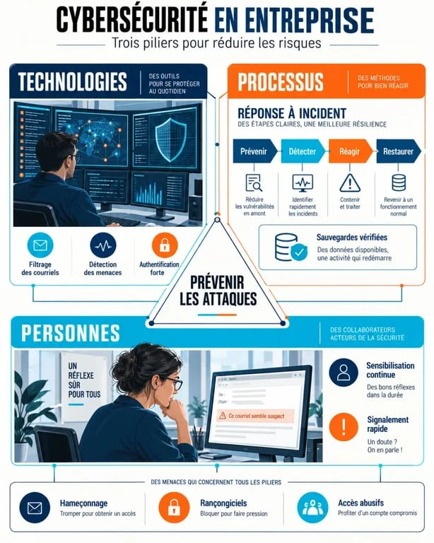 Infographie sur les trois piliers de la cybersécurité en entreprise : technologies, processus et personnes