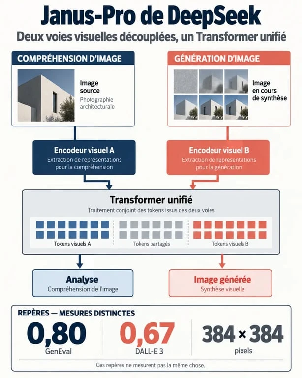 Infographie Janus Pro DeepSeek sur l'architecture multimodale, le score GenEval et la résolution 384 × 384 pixels
