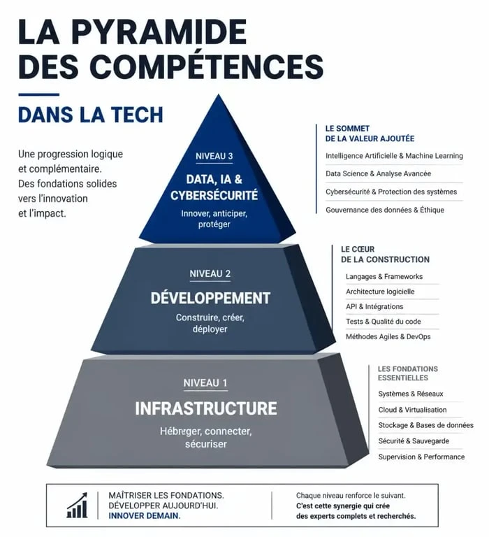 Schéma de la pyramide des compétences dans les métiers de la tech