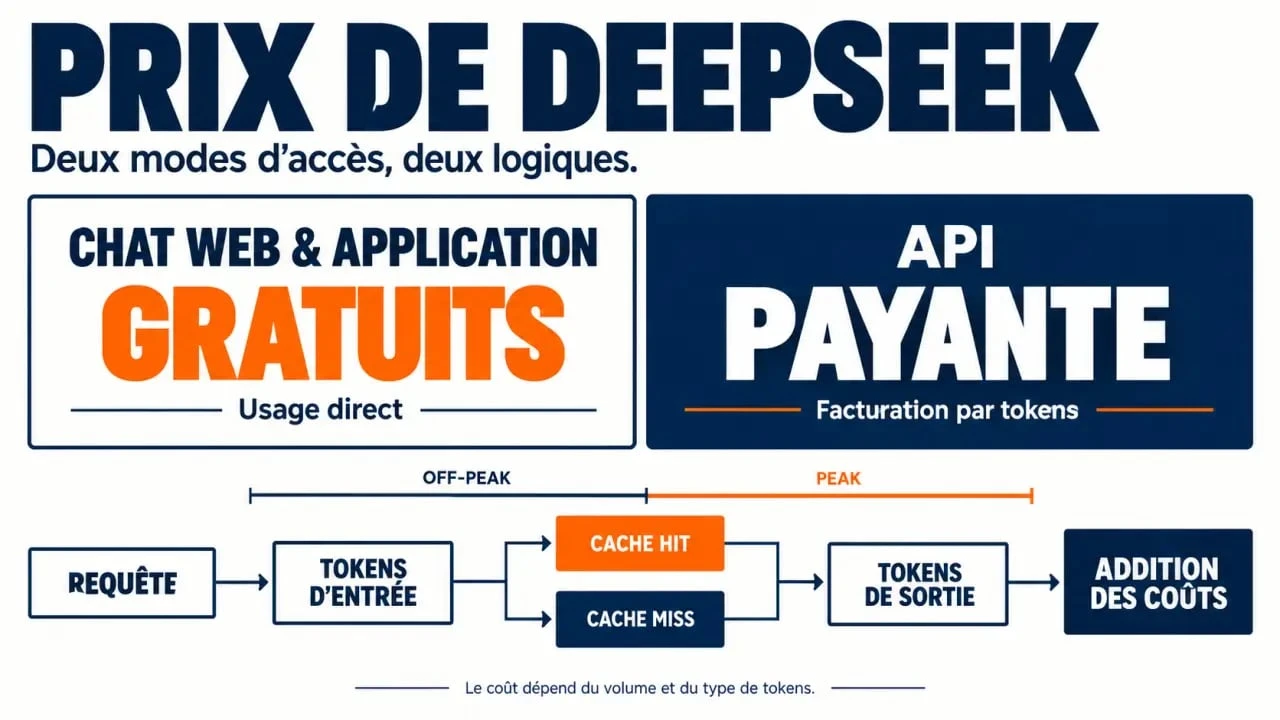 DeepSeek prix : schéma du coût API entre chat gratuit, tokens d'entrée, cache et tokens de sortie