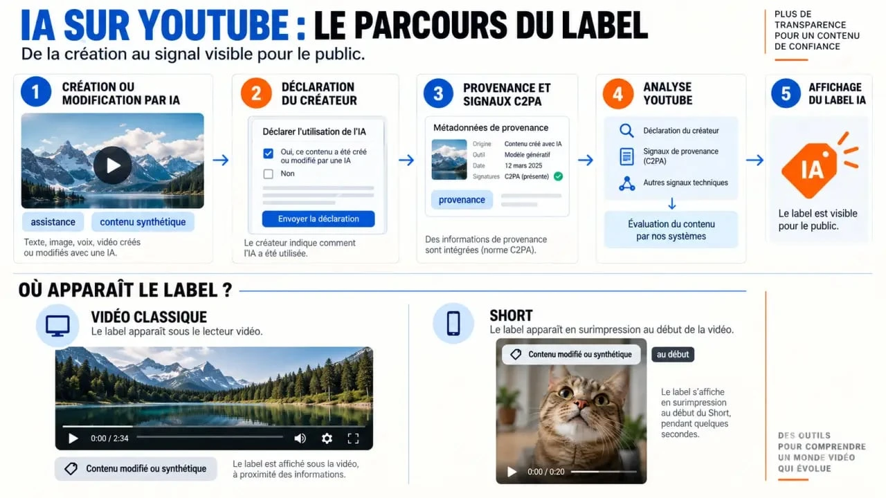Infographie sur l’intelligence artificielle YouTube, le label IA, C2PA et la détection des contenus synthétiques