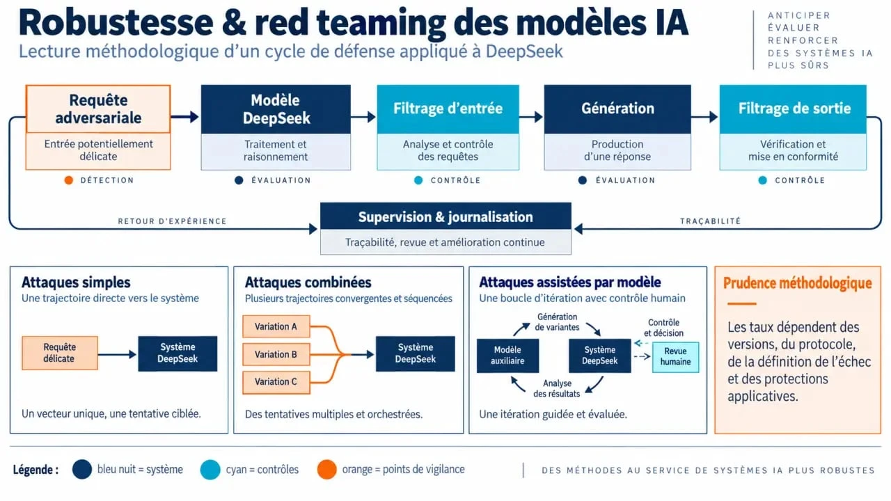 Infographie sur le jailbreak DeepSeek, le red teaming et le cycle de défense d’une application IA