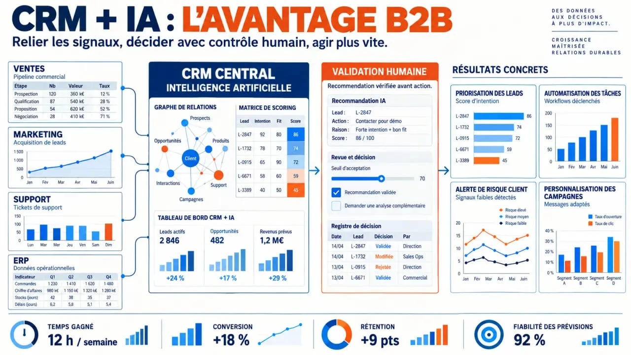 Infographie sur les avantages d’un CRM avec intelligence artificielle pour les ventes, le marketing et le service client