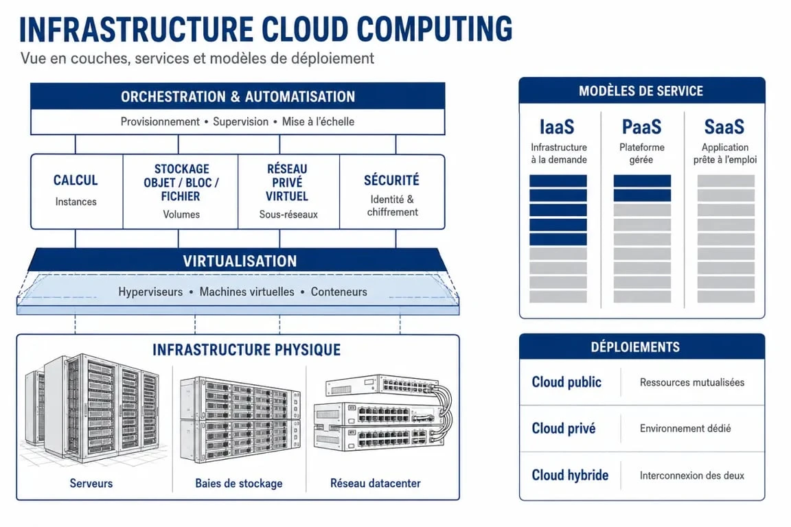 Infrastructure cloud computing en couches avec calcul, stockage, réseau et orchestration