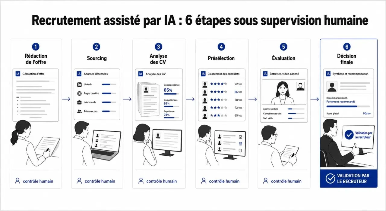 Intelligence artificielle recrutement : schéma du processus de recrutement en six étapes avec supervision humaine