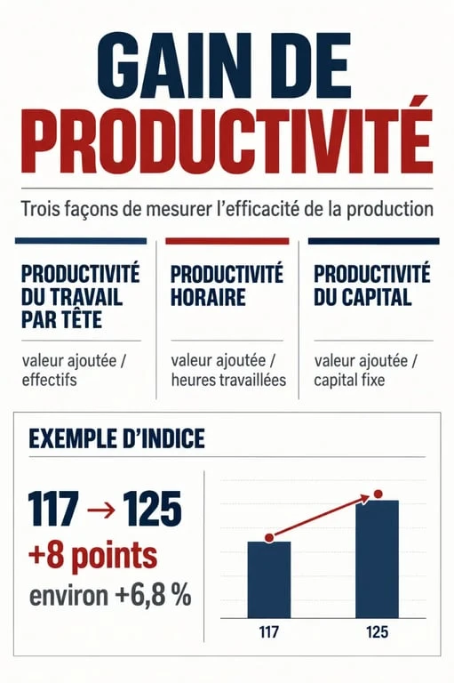 Infographie sur le gain de productivité, ses indicateurs et son calcul