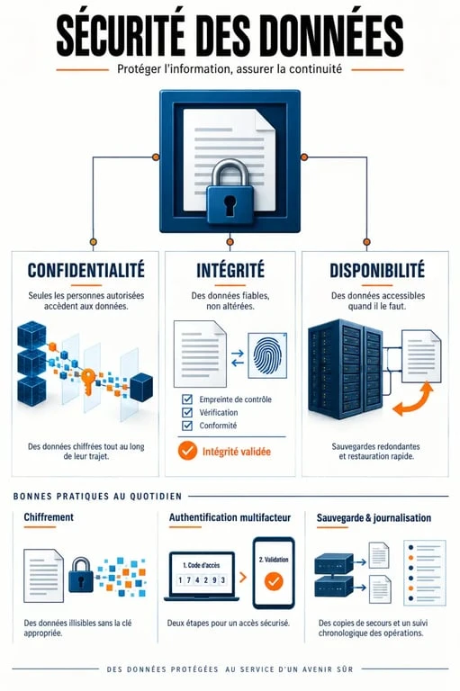 Infographie sur la sécurité des données et les piliers confidentialité intégrité disponibilité