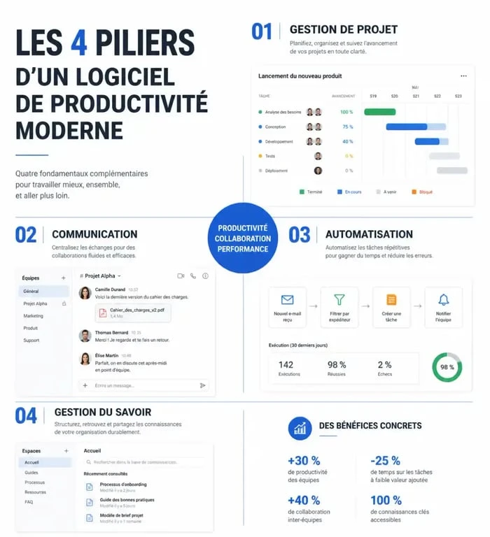 Infographie des piliers d'un logiciel de productivité moderne pour optimiser son travail