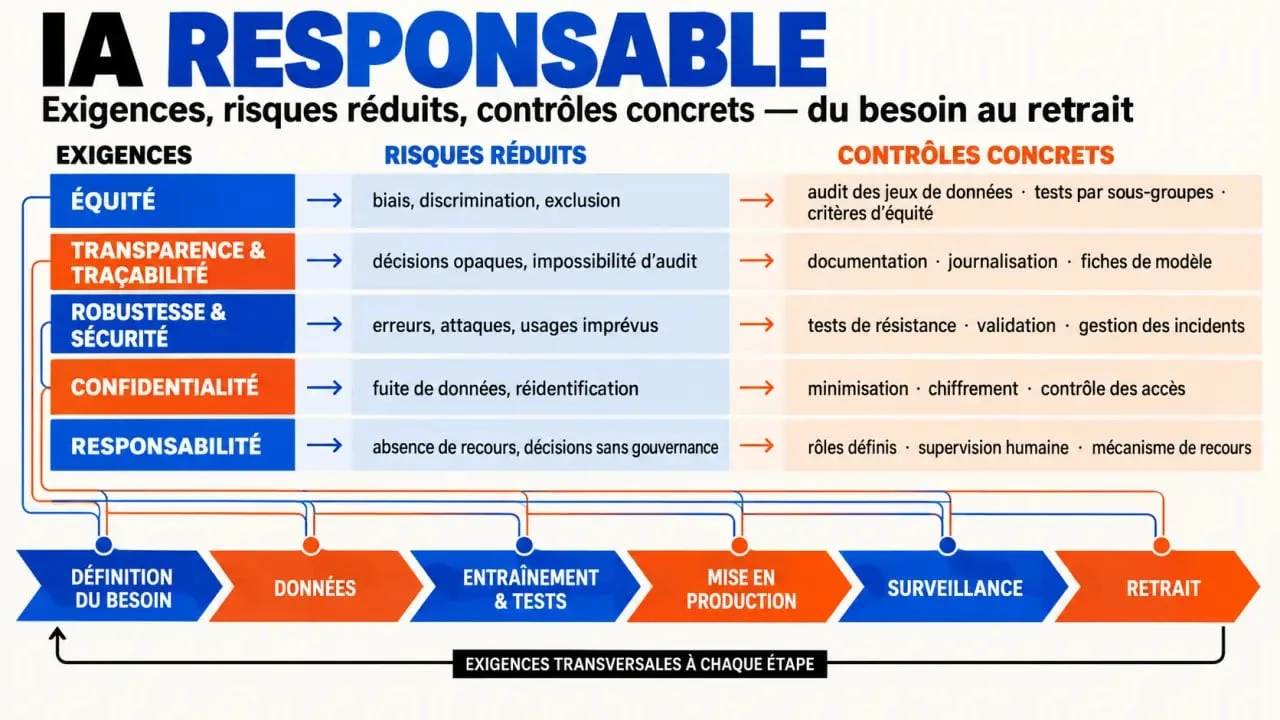 Visualisation de l’intelligence artificielle responsable, de ses cinq exigences et du cycle de gouvernance