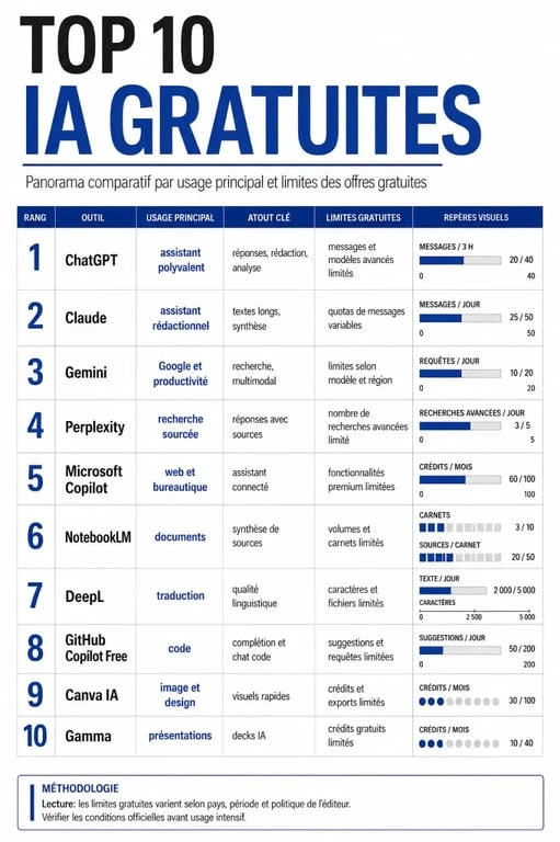 Top 10 intelligence artificielle gratuit : infographie comparative des meilleurs outils gratuits par usage et limites
