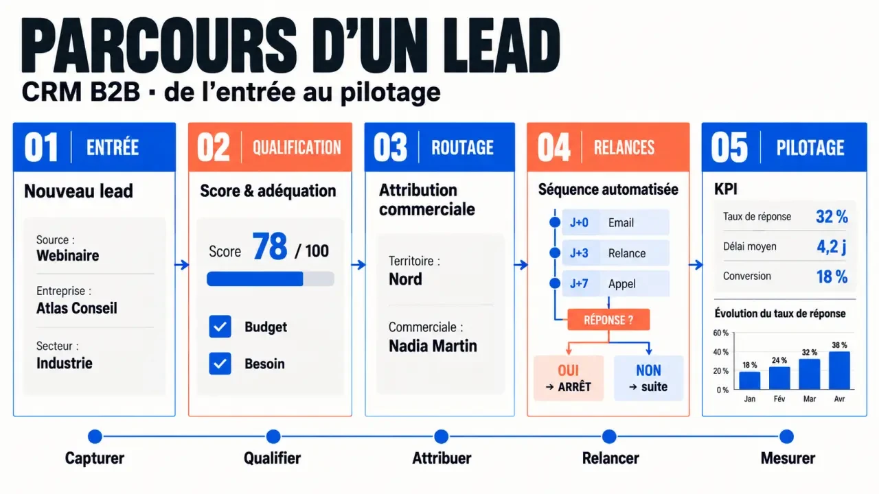 Gestion des leads dans un CRM avec pipeline commercial et automatisation des relances