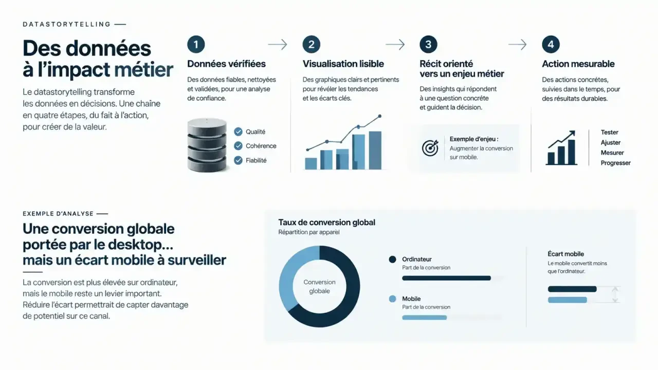 Schéma de datastorytelling analyse de données reliant données, visualisation, récit et action