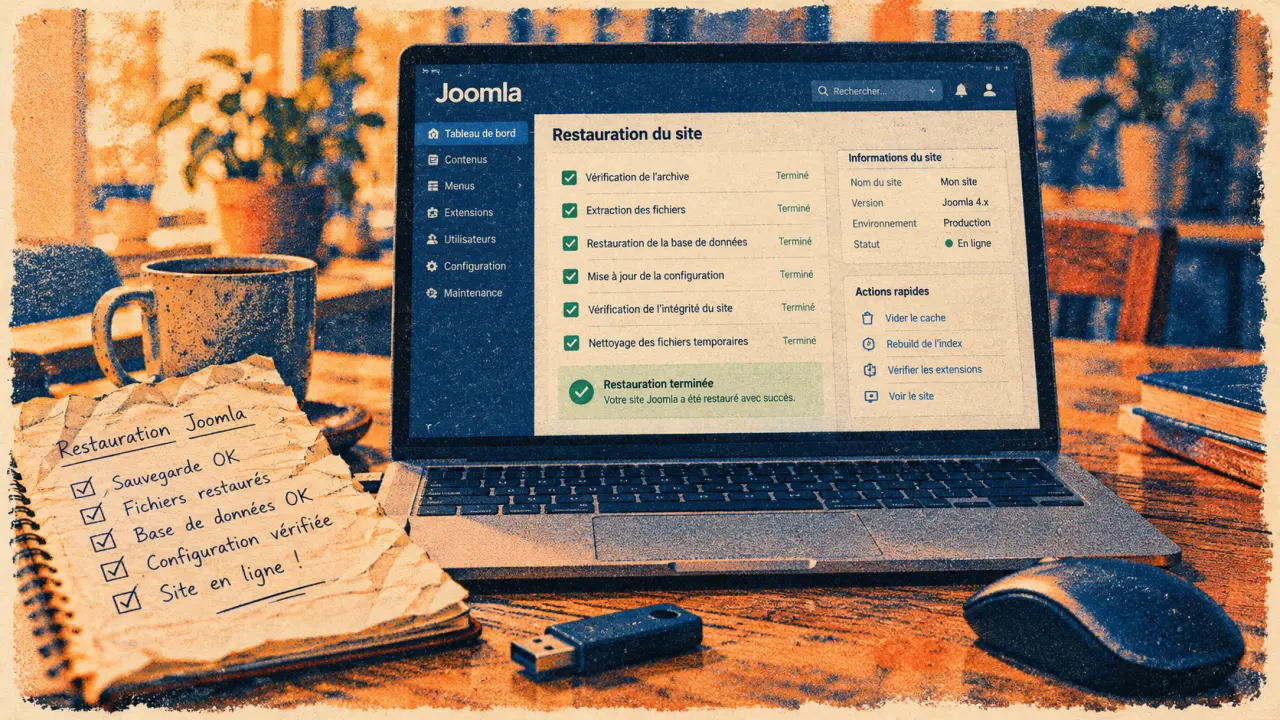 Formation Joomla en ligne : interface Joomla, checklist et ordinateur pour restaurer et configurer
