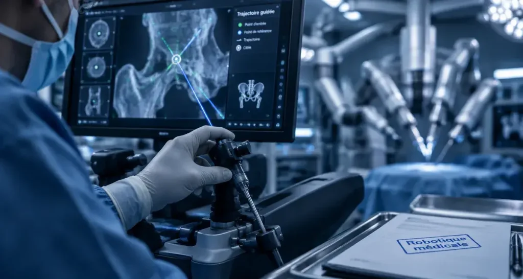 Robotique medicale : chirurgie assistée par robot en salle opératoire